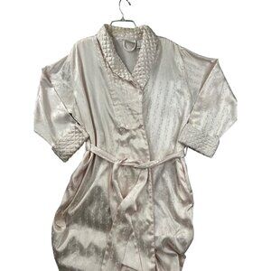 Adonna Robe Womens M Pink Satin Brocade Quilted Collar Cuffs Pockets Long Vtg
